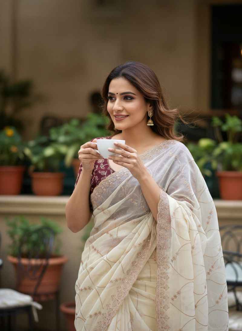 Ivory Charm Georgette Embroidered Saree