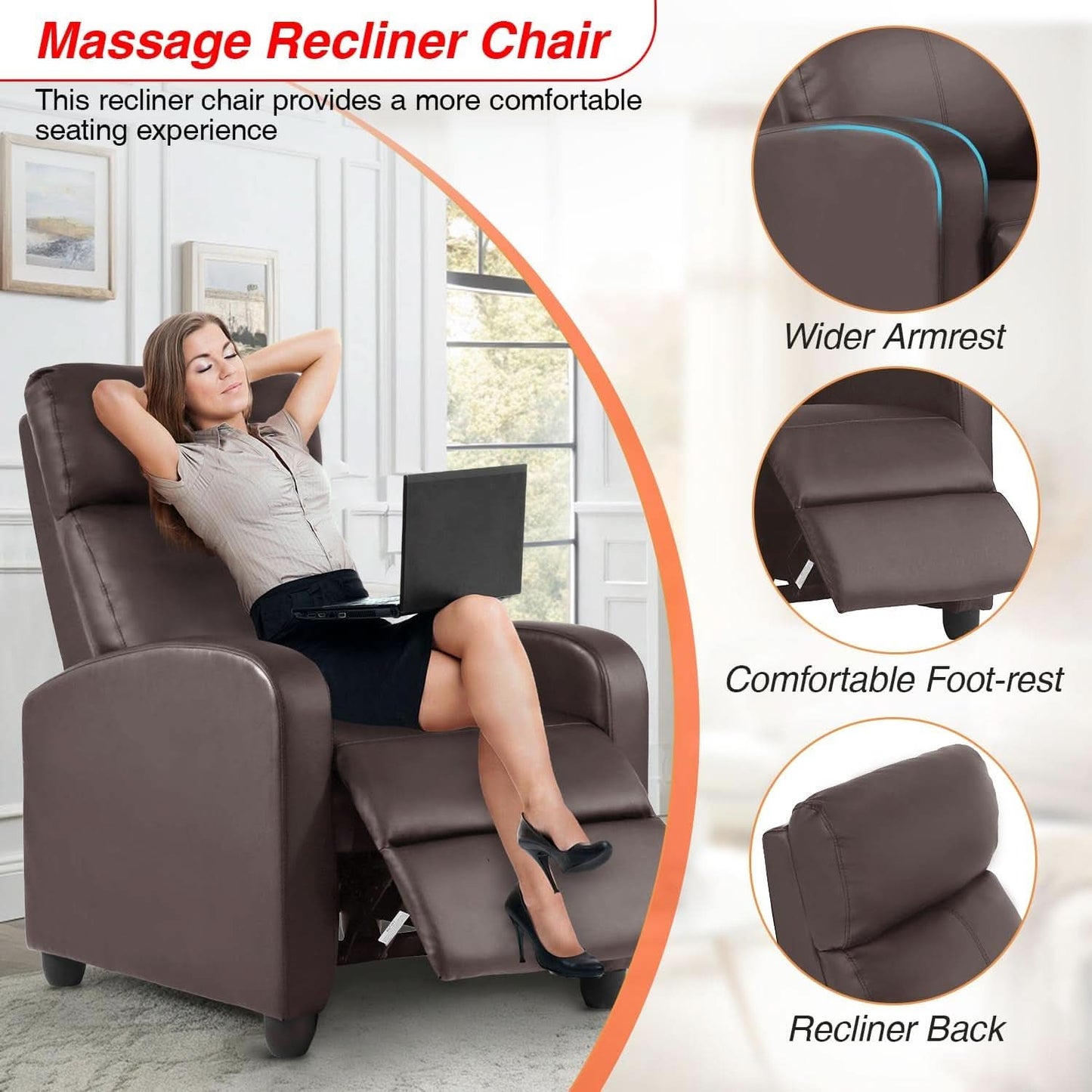 Leather Brown Recliner Chair Massage With Lumbar Support