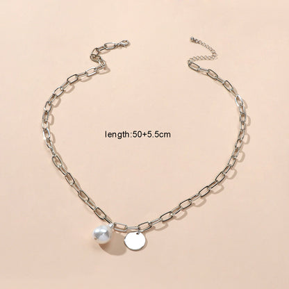 Trendy Jewelry Silver Chain Pearl Disc Charm Necklace Party Decoration for Women