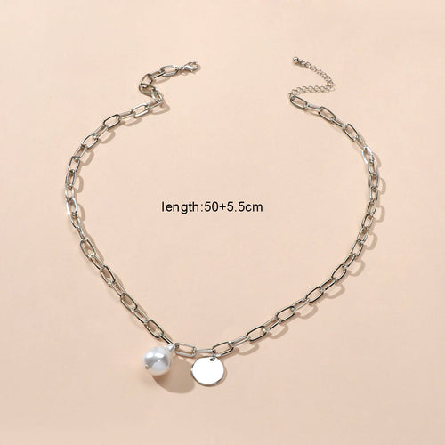 Trendy Jewelry Silver Chain Pearl Disc Charm Necklace Party Decoration for Women