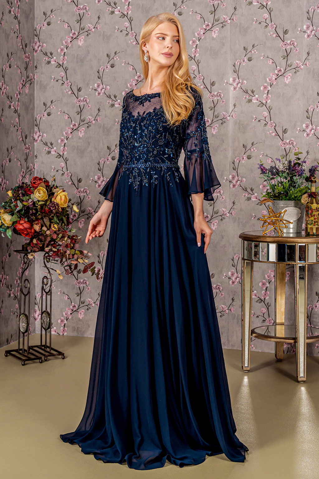 Floral Embroidery Bead Chiffon A-line Long Dress w/ Waist Band