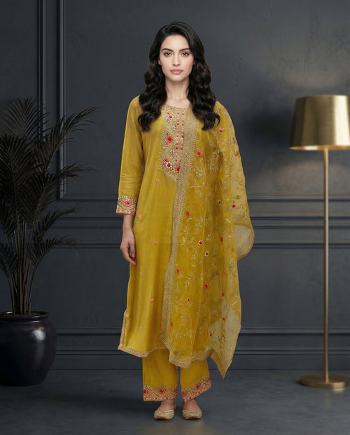 Mustard Yellow Floral Embroidered Kurta Set with Palazzo & Embroidered Organza Dupatta