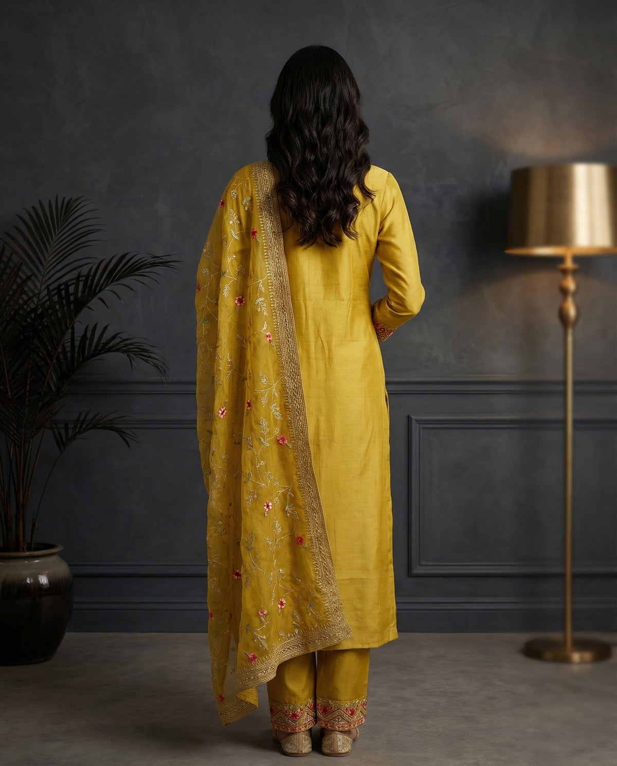 Mustard Yellow Floral Embroidered Kurta Set with Palazzo & Embroidered Organza Dupatta
