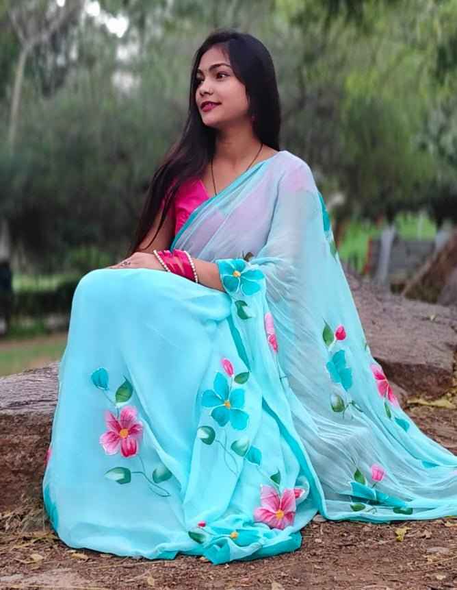 NeelPushpa Handpainted Chiffon Saree