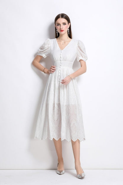 Plunging Neckline Lantern Sleeve Flowy White Maxi Dress