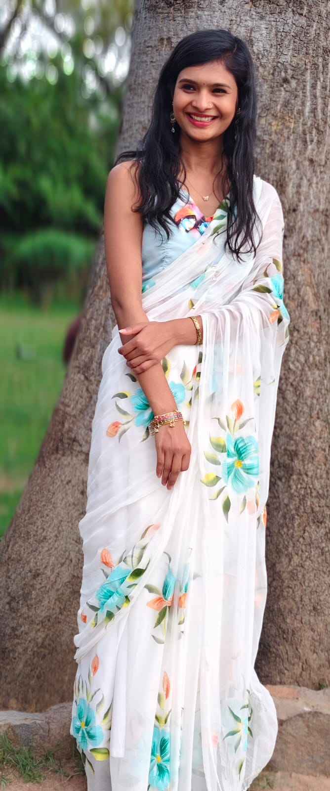 Pushpika Handpainted Chiffon Saree