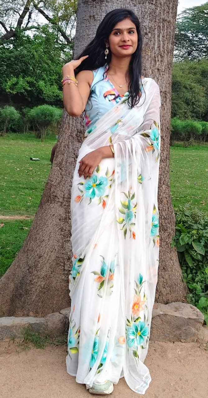 Pushpika Handpainted Chiffon Saree