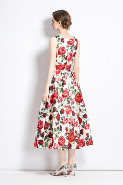 Sleeveless Form Fitting Floral A Line Dress